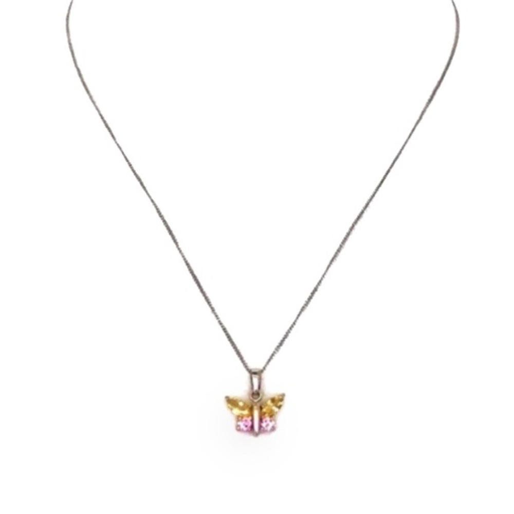 Sterling Silver Pink and Yellow Cubic Zirconia Stones Butterfly Charm Necklace